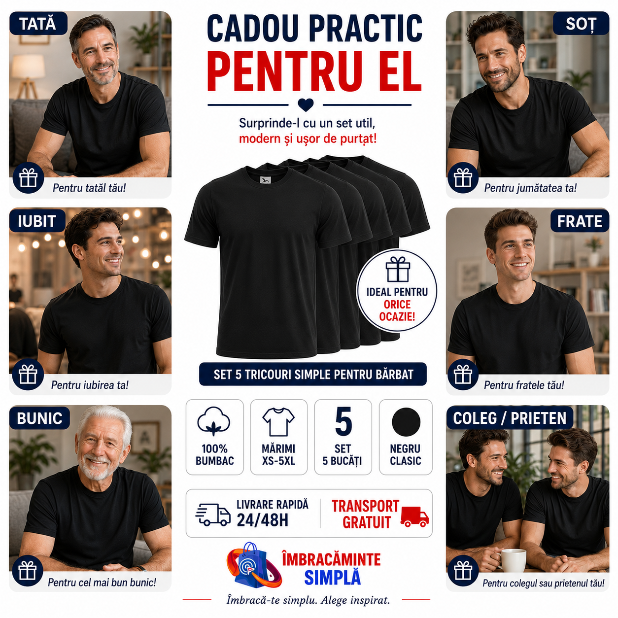 Set 5 tricouri negre pentru bărbați, cadou practic și util